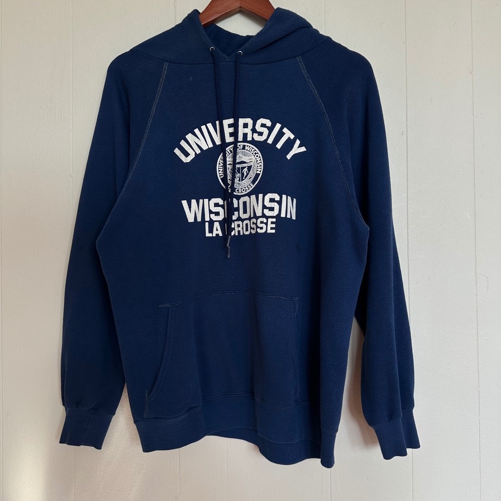 Vintage 80s Artex UW La Crosse Hoodie Size L Navy Blue Raglan